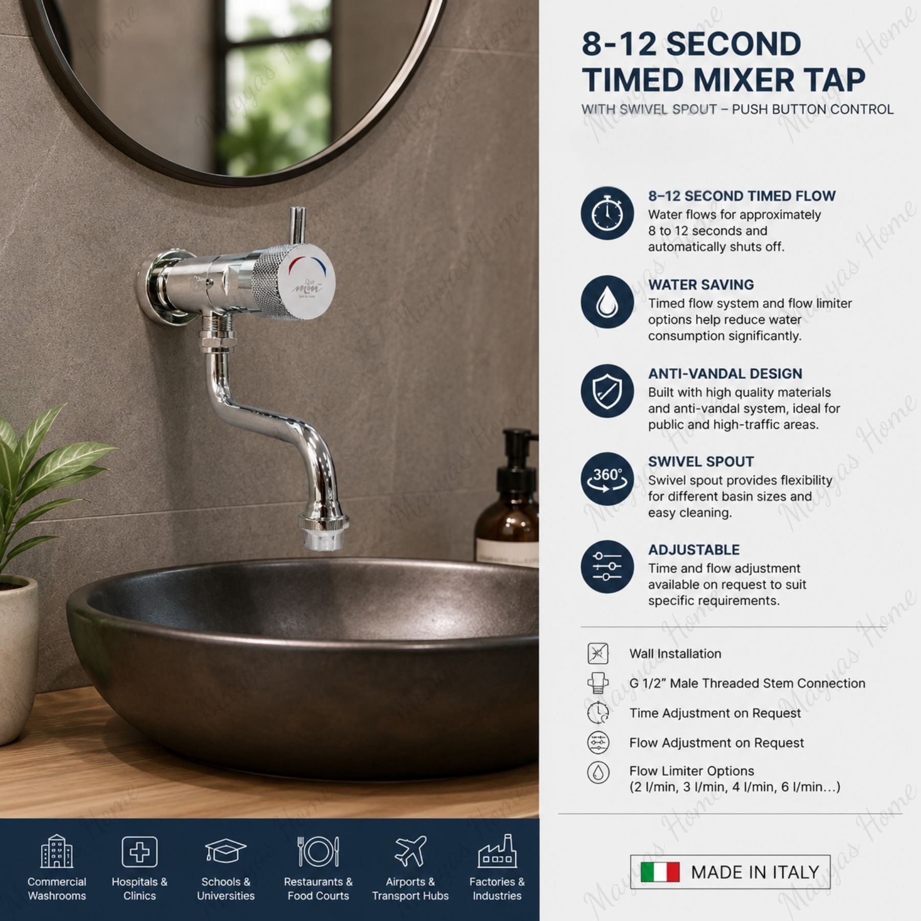 Commercial wall-mounted timed mixer tap with swivel spout, push-button activation, adjustable flow control and anti-vandal protection for UAE washrooms.