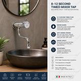 Commercial wall-mounted timed mixer tap with swivel spout, push-button activation, adjustable flow control and anti-vandal protection for UAE washrooms.