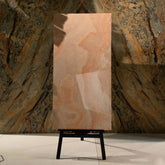 Coral Onyx glossy onyx effect porcelain tile 60x120cm with 9mm thickness features warm coral tones and polished luxury finish.