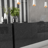 Cosmic Black 80x240cm glossy porcelain tile with deep black tones and shimmering details. Perfect for bold walls, luxury floors, and countertops.