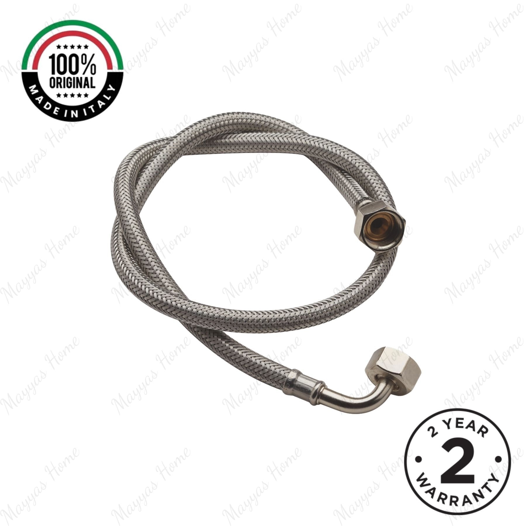 DN8 steel braided flexible hose with 900mm length, straight and 90° G1/2 female connections. Ideal for commercial and residential plumbing projects in UAE.