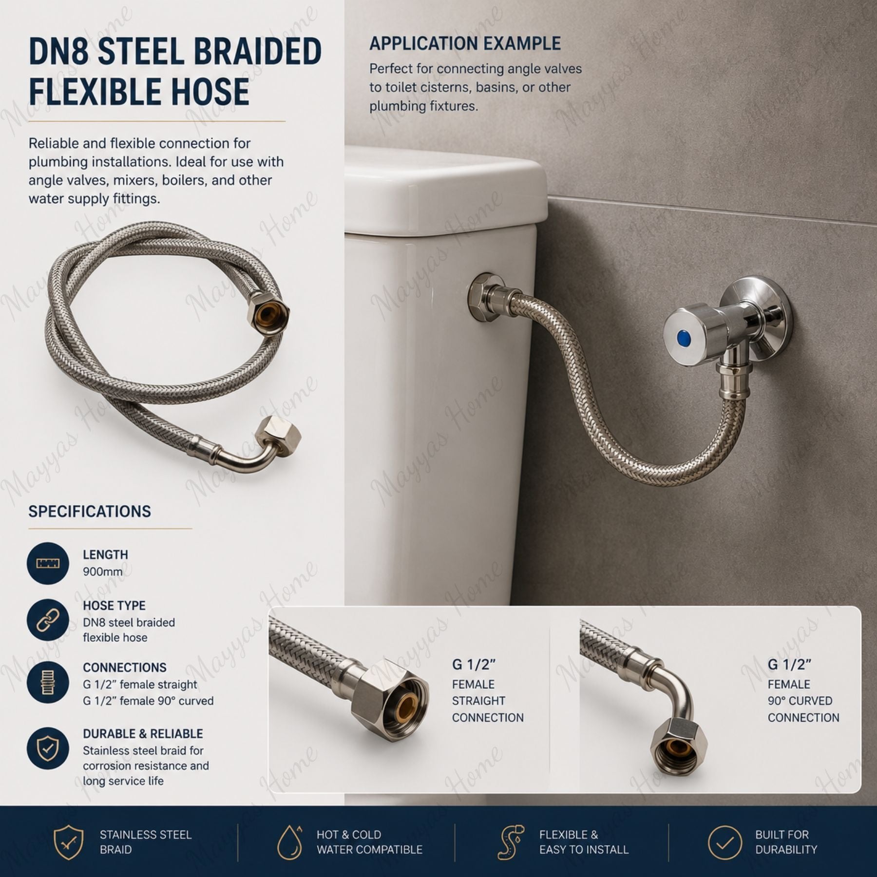 DN8 steel braided flexible hose with 900mm length, straight and 90° G1/2 female connections. Ideal for commercial and residential plumbing projects in UAE.