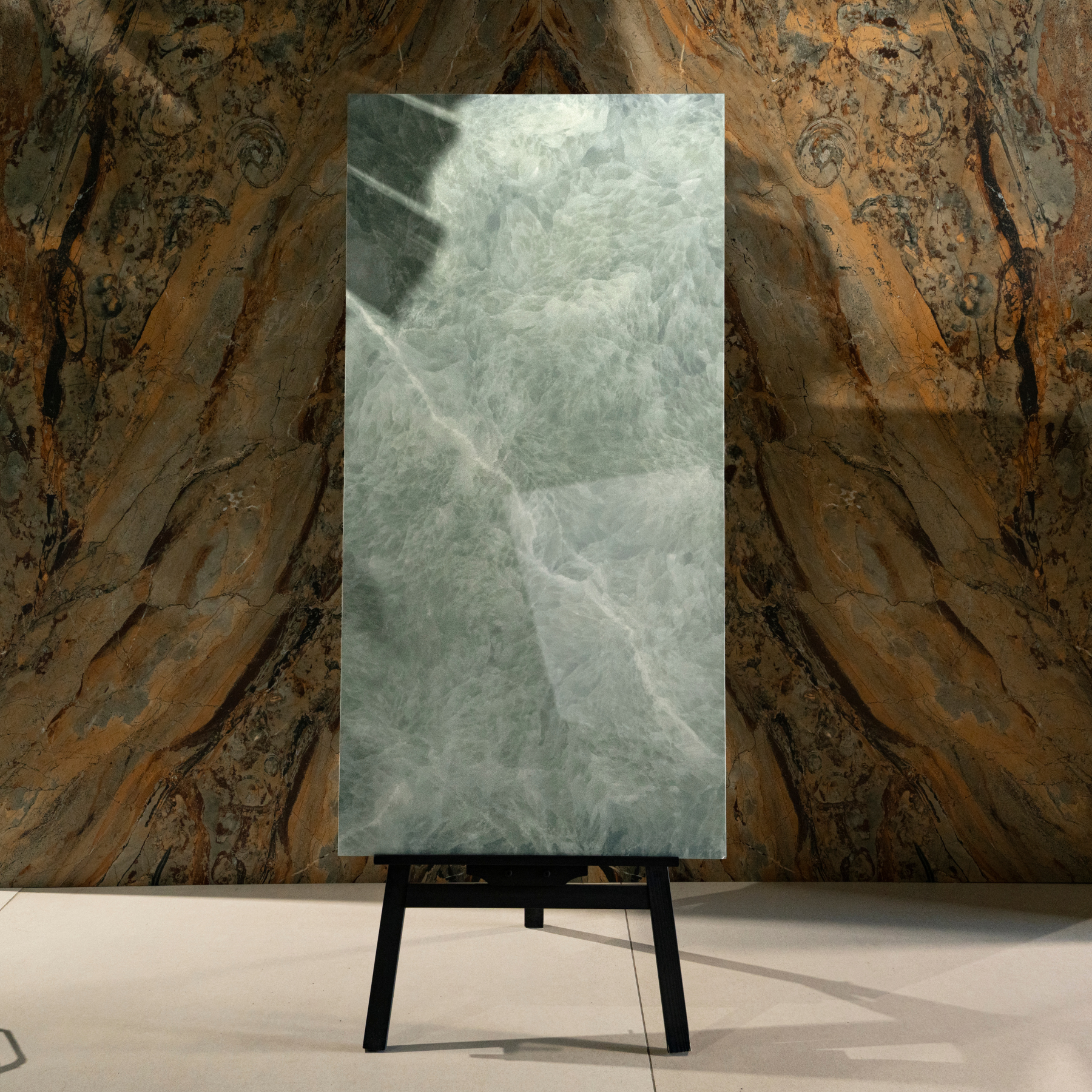 Emerald Fur porcelain tile 60x120cm 9mm thickness, green marble look design, durable porcelain, ideal for modern floors and walls.