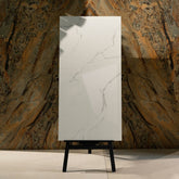 Eterna White glossy marble effect porcelain tile 60x120cm with 9mm thickness features bright white base, soft grey veins and polished finish.