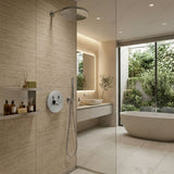 Extended built-in timed shower tap with 15–25 second push-button control, installation box and anti-vandal protection for commercial and public facilities.