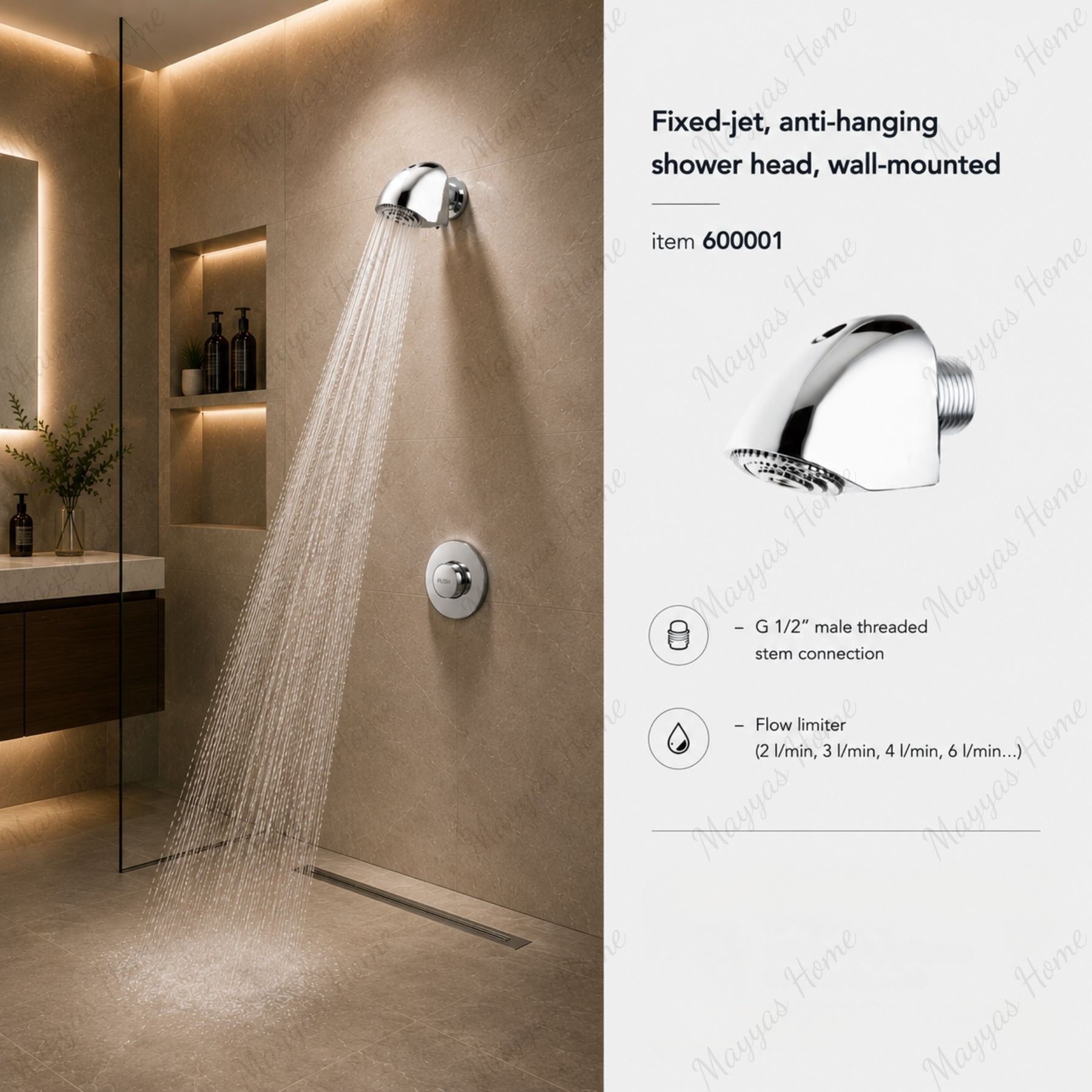 Fixed jet anti-hanging shower head with wall-mounted design, G1/2 male connection and water-saving flow limiter options. Ideal for secure facilities across UAE.