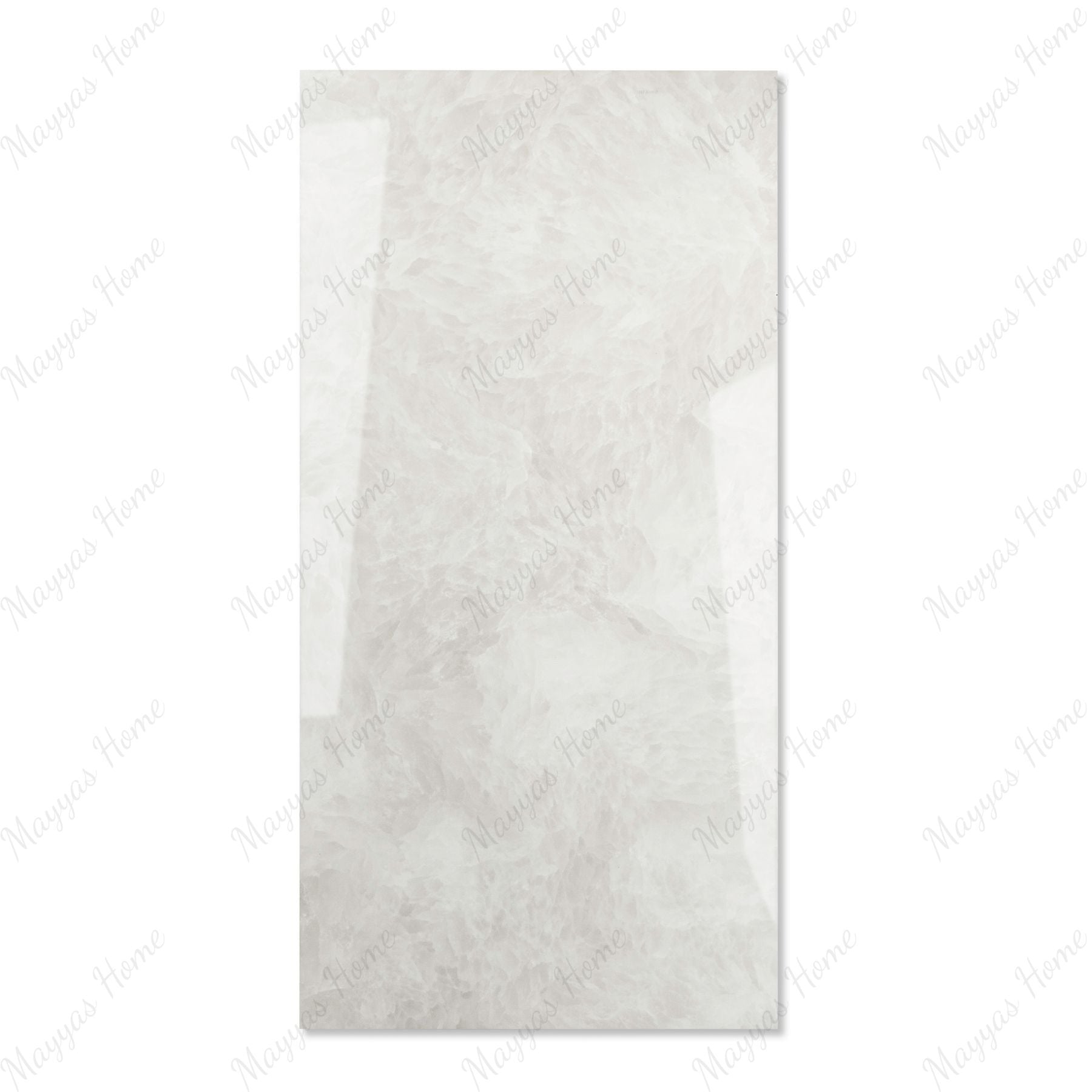 Fur Ice glossy marble effect porcelain tile 60x120cm with 9mm thickness features icy white base, soft grey texture and polished finish.