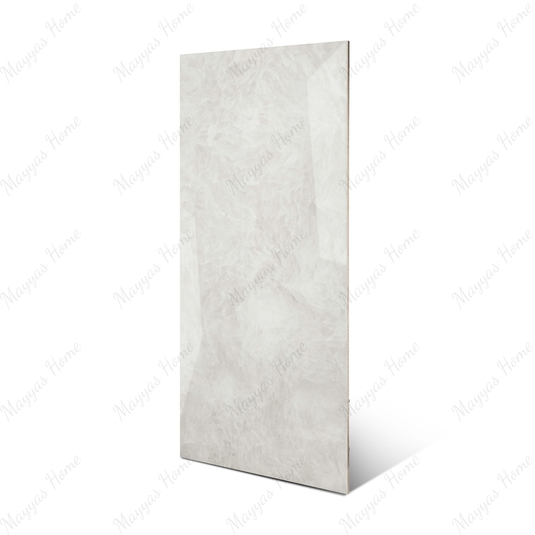 Fur Ice glossy marble effect porcelain tile 60x120cm with 9mm thickness features icy white base, soft grey texture and polished finish.