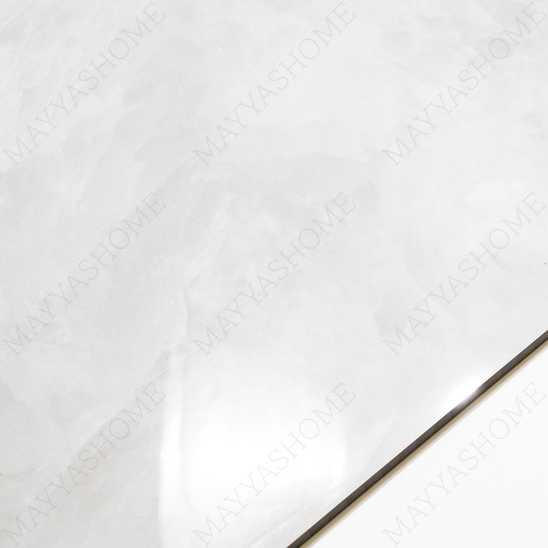 Fur Ice glossy marble effect porcelain tile 60x120cm with 9mm thickness features icy white base, soft grey texture and polished finish.