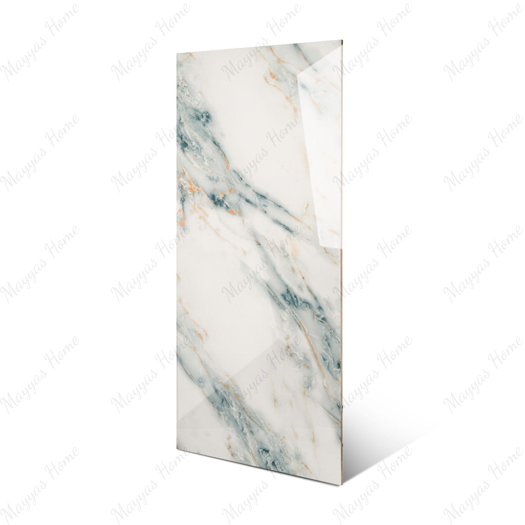 Grazzu Azul glossy marble effect porcelain tile 60x120cm with 9mm thickness features rich blue tones and polished luxury finish.