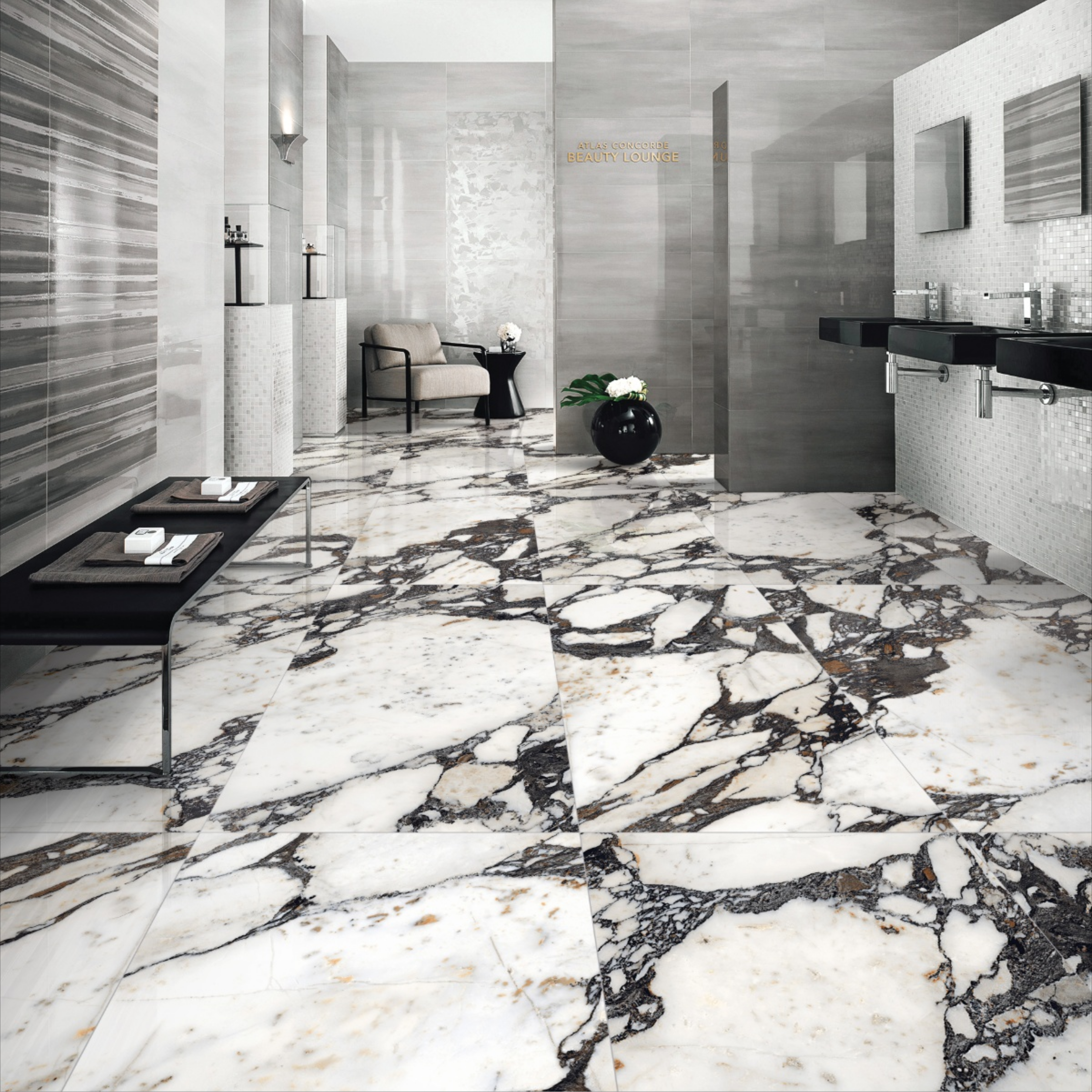 Impect Statuario 120x240cm glossy tile with bold grey veining on a white base. Perfect for luxury walls and floors with a timeless marble look.