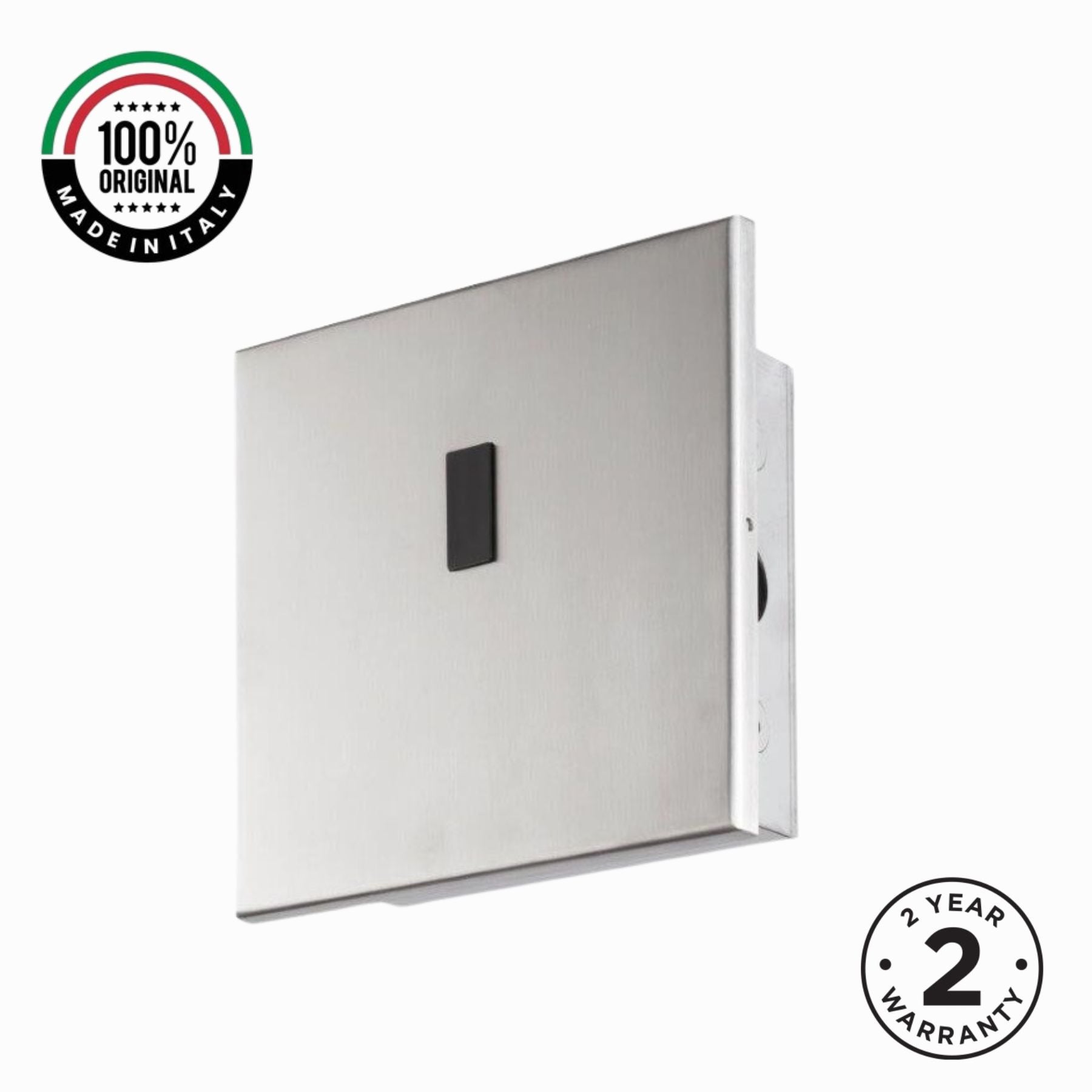Italian-made electronic urinal flush valve with battery-powered sensor operation, concealed installation, and brushed steel finish for hygienic UAE washrooms.