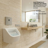 Italian-made electronic urinal flush valve with battery-powered sensor operation, concealed installation, and brushed steel finish for hygienic UAE washrooms.