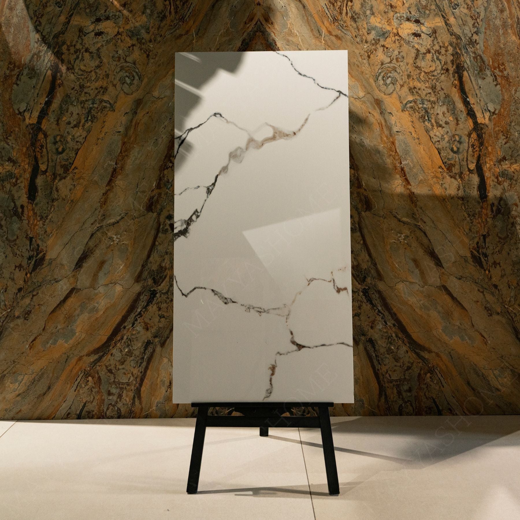 Ivory Crackle glossy porcelain tile 60x120cm with 9mm thickness features warm ivory tones, decorative crackle pattern texture and elegant polished finish.