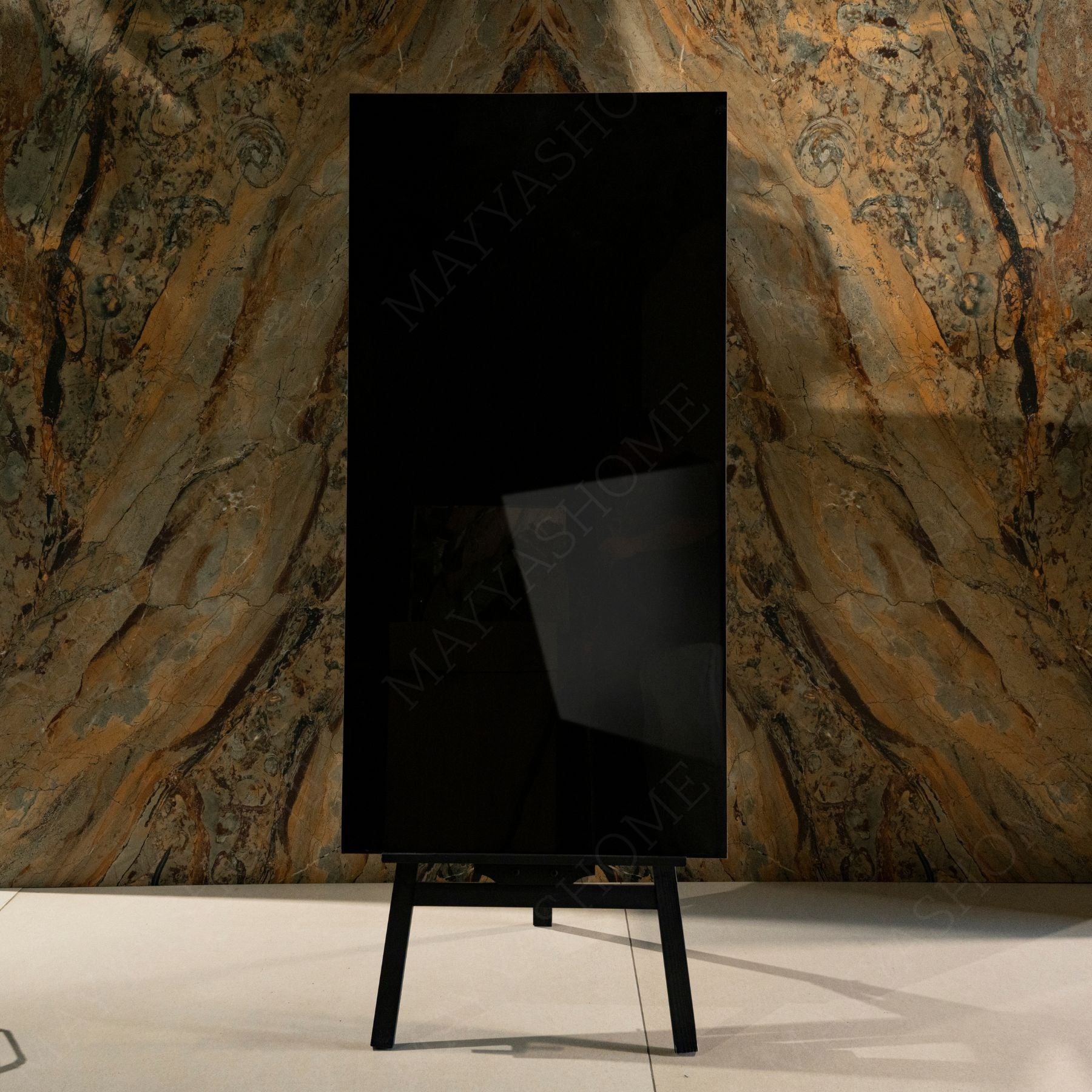 Jet Black glossy porcelain tile 60x120cm with 9mm thickness features deep solid black tone and polished luxury finish for modern interiors.