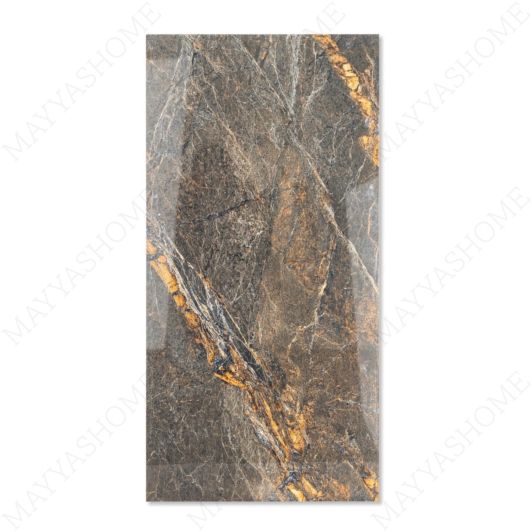 Lava Brown glossy porcelain tile 60x120cm with 9mm thickness features rich brown tones, natural stone texture and elegant polished finish.