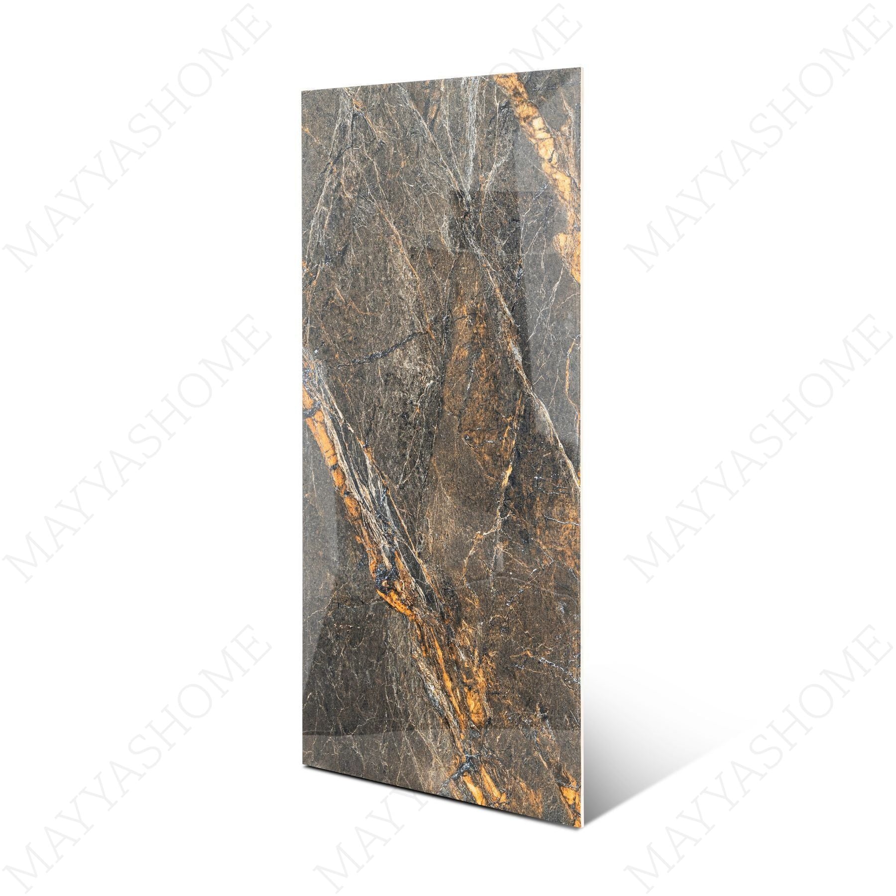 Lava Brown glossy porcelain tile 60x120cm with 9mm thickness features rich brown tones, natural stone texture and elegant polished finish.