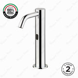 Luxury battery-powered electronic pre-mixed washbasin tap with extended body, above-counter installation and smart water-saving flow control.