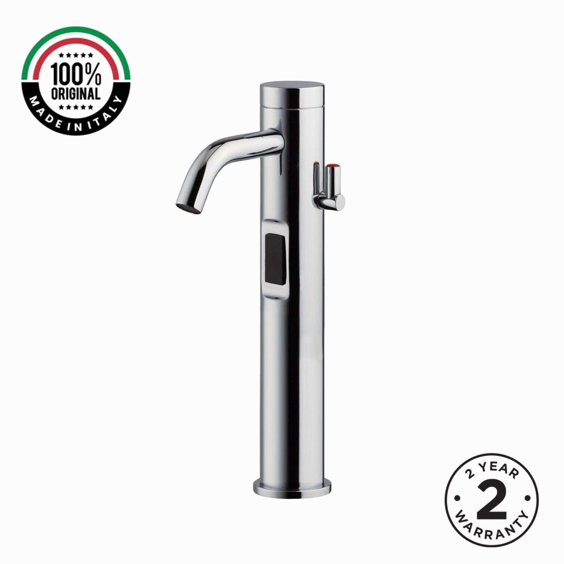 Luxury battery-powered electronic washbasin mixer tap with extended body, above-counter installation and smart water-saving flow control.