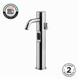 Luxury battery-powered electronic washbasin mixer tap with extended body, above-counter installation and smart water-saving flow control.