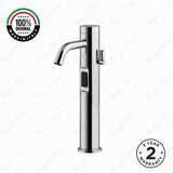 Luxury battery-powered electronic washbasin mixer tap with extended body, above-counter installation and smart water-saving flow control.