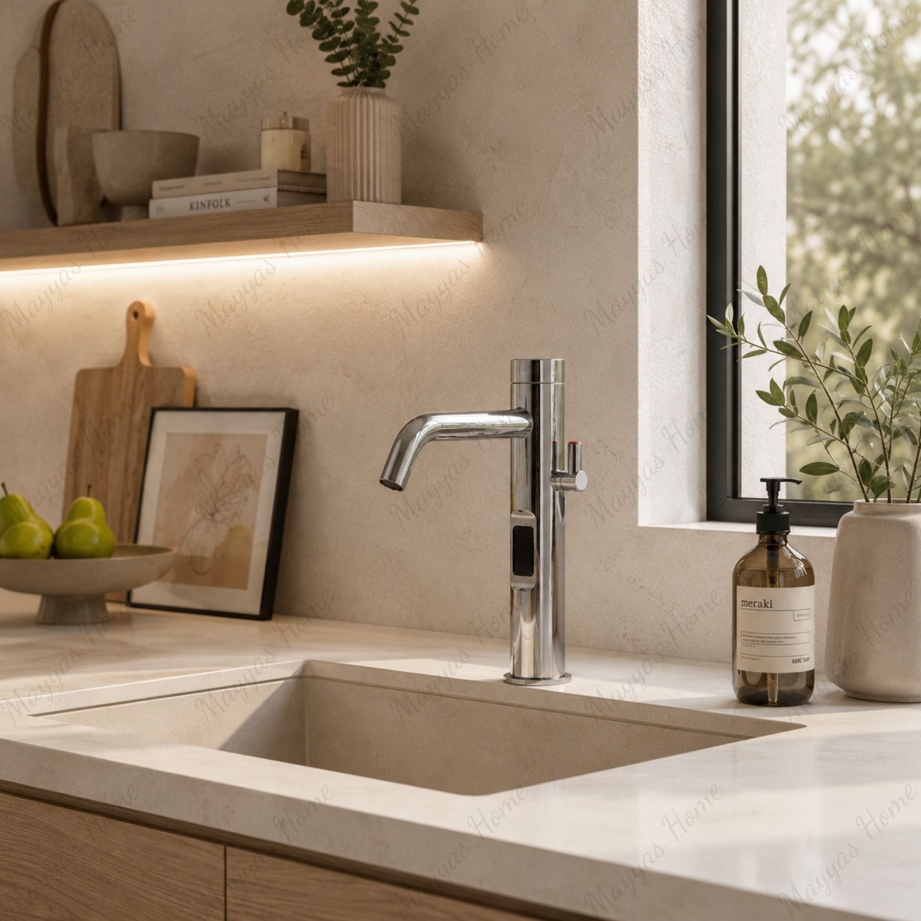 Luxury battery-powered electronic washbasin mixer tap with extended body, above-counter installation and smart water-saving flow control.