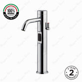 Luxury mains-powered electronic basin mixer tap with extended body, modern above-counter installation and water-saving flow control.