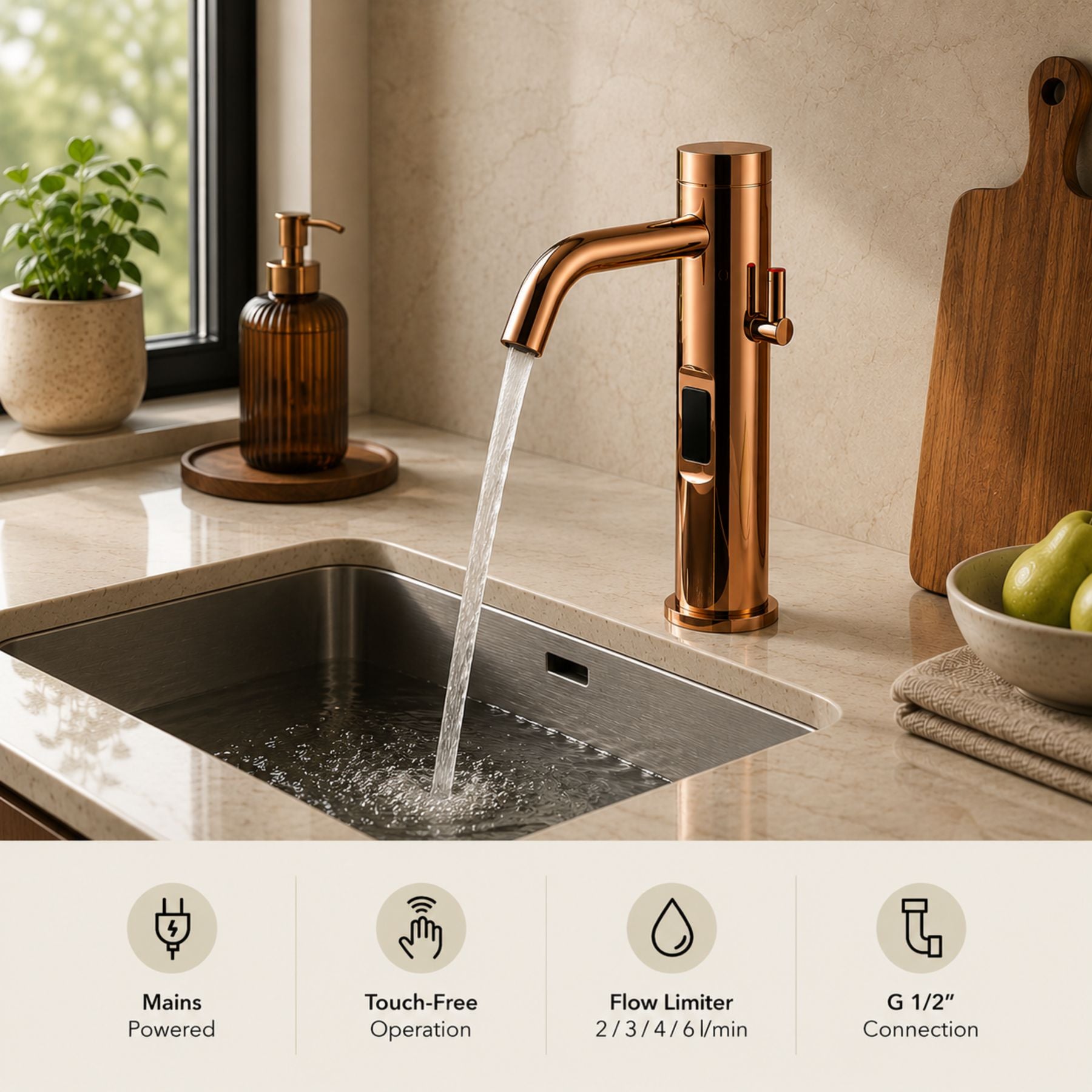 Luxury mains-powered electronic basin mixer tap with extended body, modern above-counter installation and water-saving flow control.
