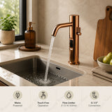 Luxury mains-powered electronic basin mixer tap with extended body, modern above-counter installation and water-saving flow control.