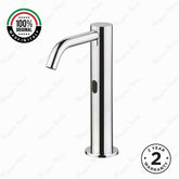 Luxury mains-powered electronic pre-mixed basin tap with extended body, modern above-counter installation and smart water-saving flow control.