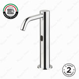Luxury mains-powered electronic pre-mixed basin tap with extended body, modern above-counter installation and smart water-saving flow control.