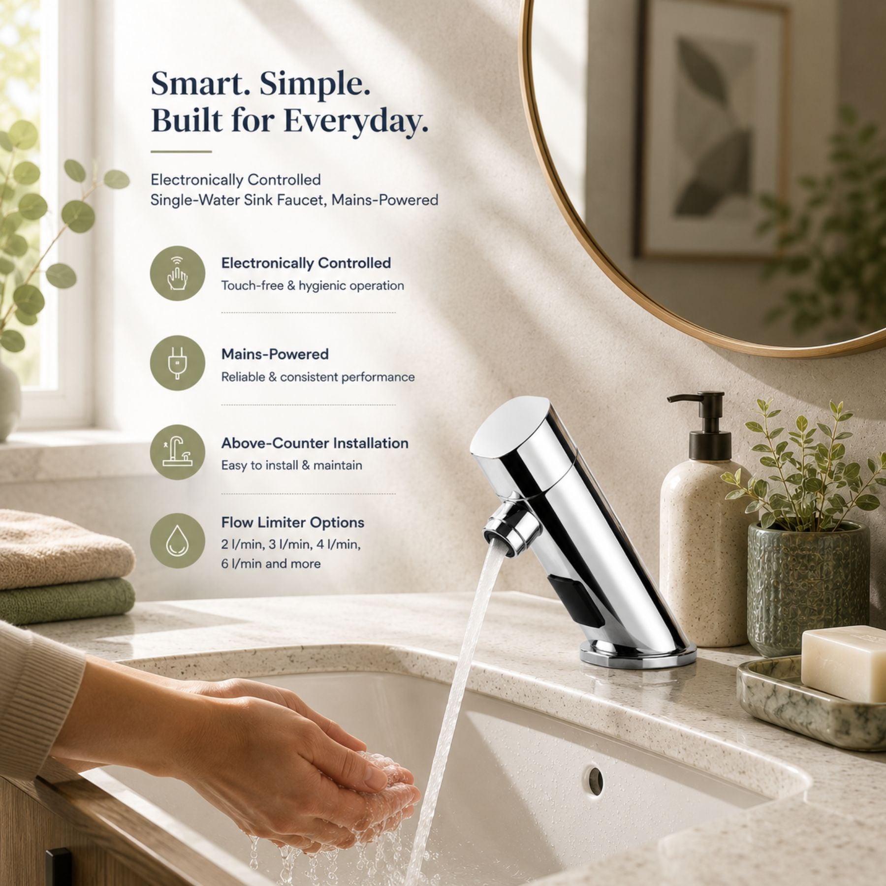 Luxury mains-powered electronic single water sink faucet with modern above-counter installation and water-saving flow control.