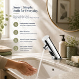 Luxury mains-powered electronic single water sink faucet with modern above-counter installation and water-saving flow control.