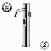 Luxury mains-powered electronic washbasin mixer tap with extended body, above-counter installation and smart water-saving flow control.