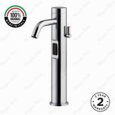 Luxury mains-powered electronic washbasin mixer tap with extended body, above-counter installation and smart water-saving flow control.