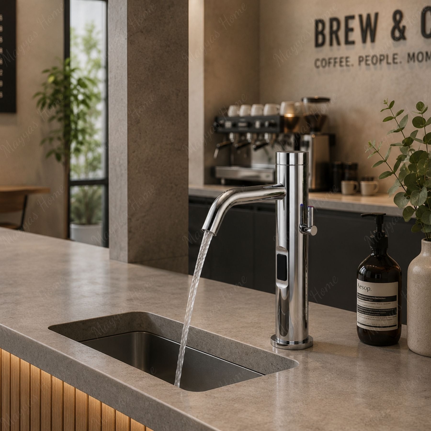 Luxury mains-powered electronic washbasin mixer tap with extended body, above-counter installation and smart water-saving flow control.