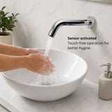 Luxury wall-mounted battery powered sensor tap with touchless operation, anti-legionella protection and vandal-proof design. Shop Mayyas Home UAE.