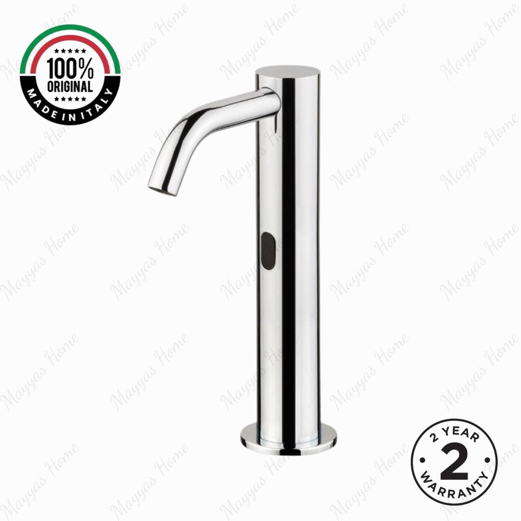 MCM 703504 electronic single-water washbasin tap made in Italy. Mains-powered operation, extended body design, premium Italian craftsmanship, water-saving flow limiter, and 2-year warranty.