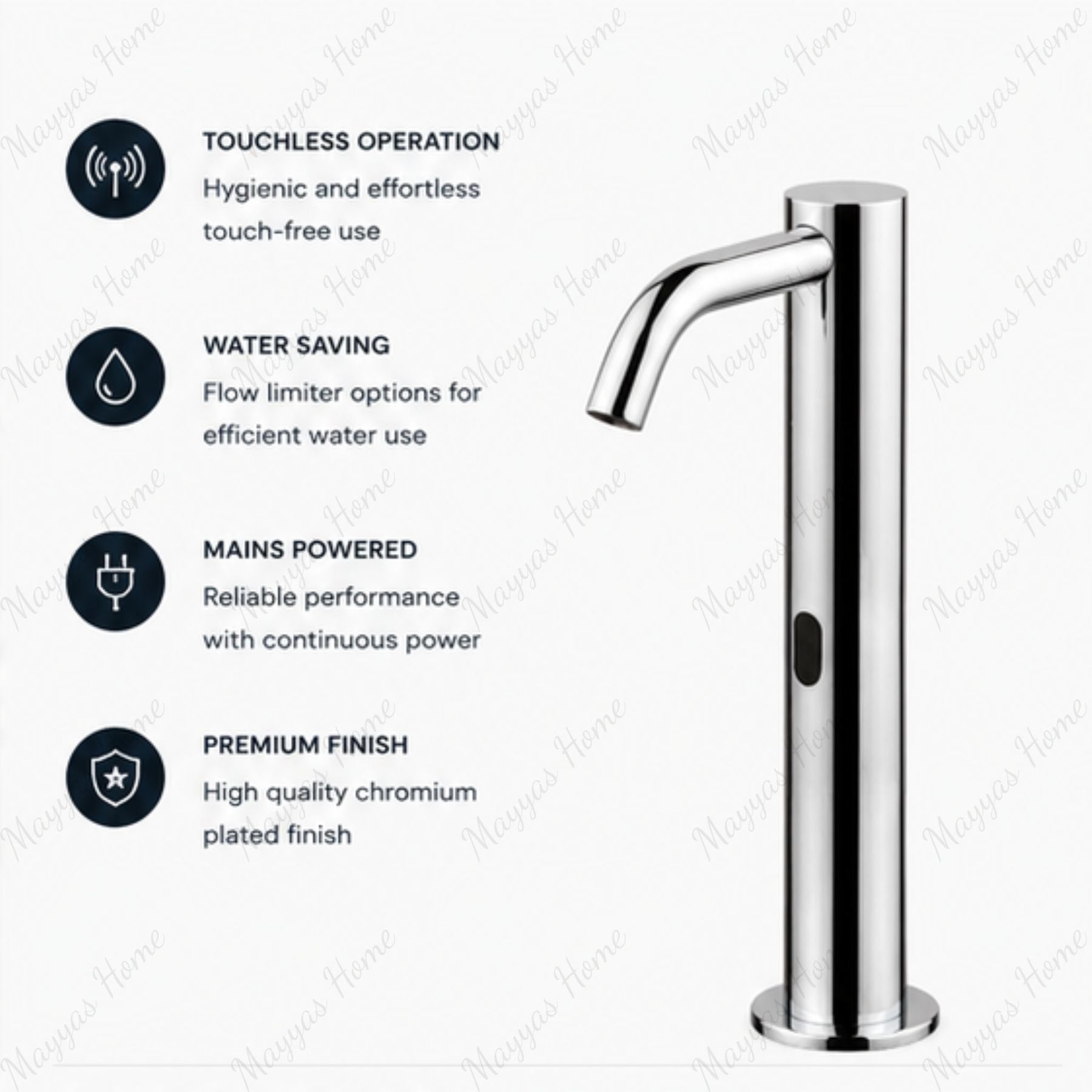 MCM 703504 electronic single-water washbasin tap made in Italy. Mains-powered operation, extended body design, premium Italian craftsmanship, water-saving flow limiter, and 2-year warranty.
