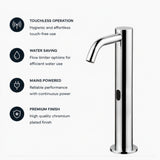 MCM 703504 electronic single-water washbasin tap made in Italy. Mains-powered operation, extended body design, premium Italian craftsmanship, water-saving flow limiter, and 2-year warranty.
