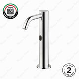 MCM 703504 electronic single-water washbasin tap made in Italy. Mains-powered operation, extended body design, premium Italian craftsmanship, water-saving flow limiter, and 2-year warranty.