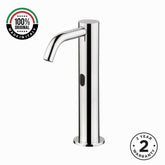 MCM 703505 electronic single-water washbasin tap made in Italy. Battery-powered operation, extended body design, premium Italian craftsmanship, water-saving flow limiter, & 2-year warranty.