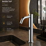 MCM 703505 electronic single-water washbasin tap made in Italy. Battery-powered operation, extended body design, premium Italian craftsmanship, water-saving flow limiter, & 2-year warranty.