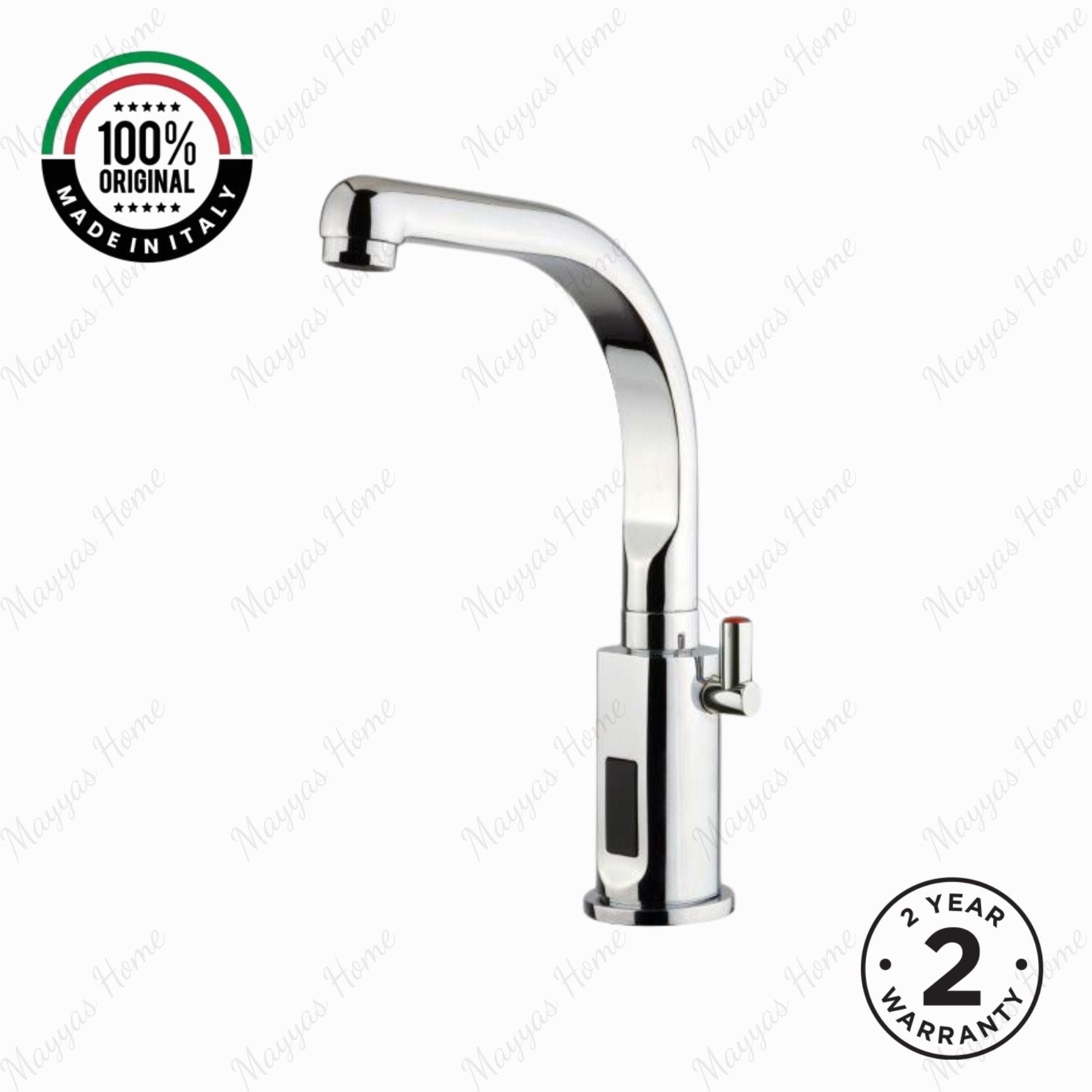 MCM 709301 electronic sink mixer tap with swivel spout made in Italy. Battery-powered operation, chrome finish, water-saving flow limiter, and 2-year warranty.