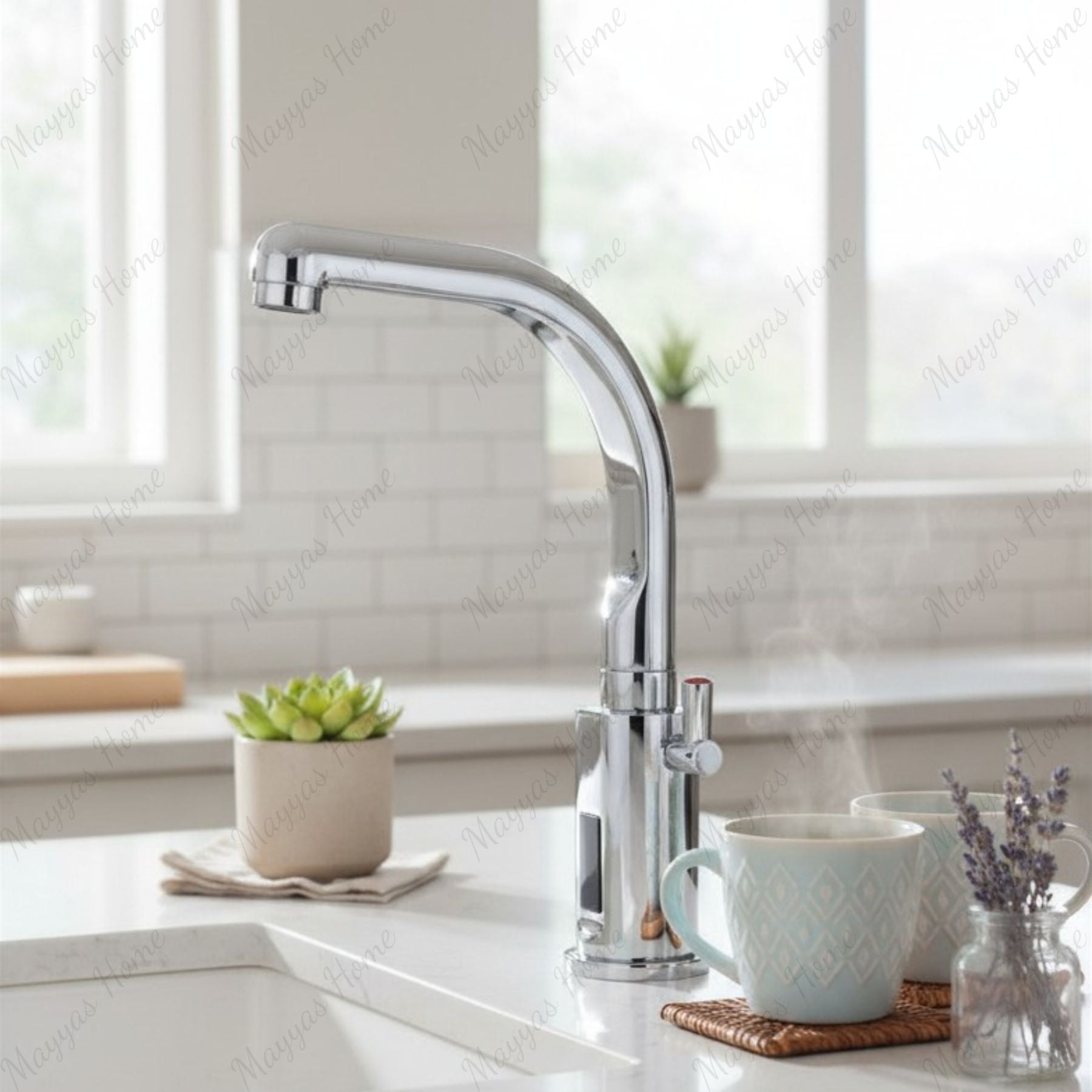 MCM 709301 electronic sink mixer tap with swivel spout made in Italy. Battery-powered operation, chrome finish, water-saving flow limiter, and 2-year warranty.