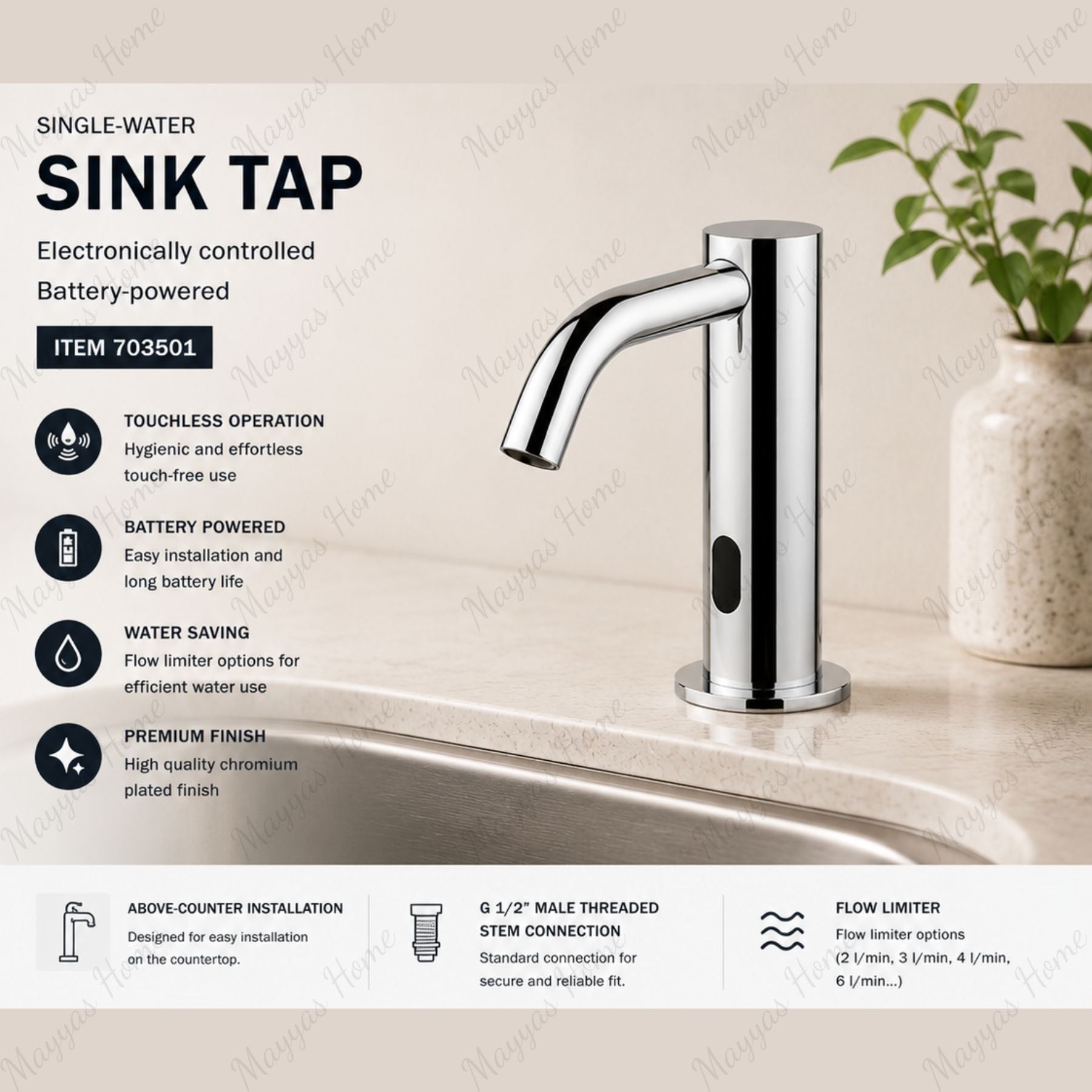 Mains-powered electronic single water sensor tap for above-counter installation. Hygienic, water-saving solution for UAE commercial washrooms.