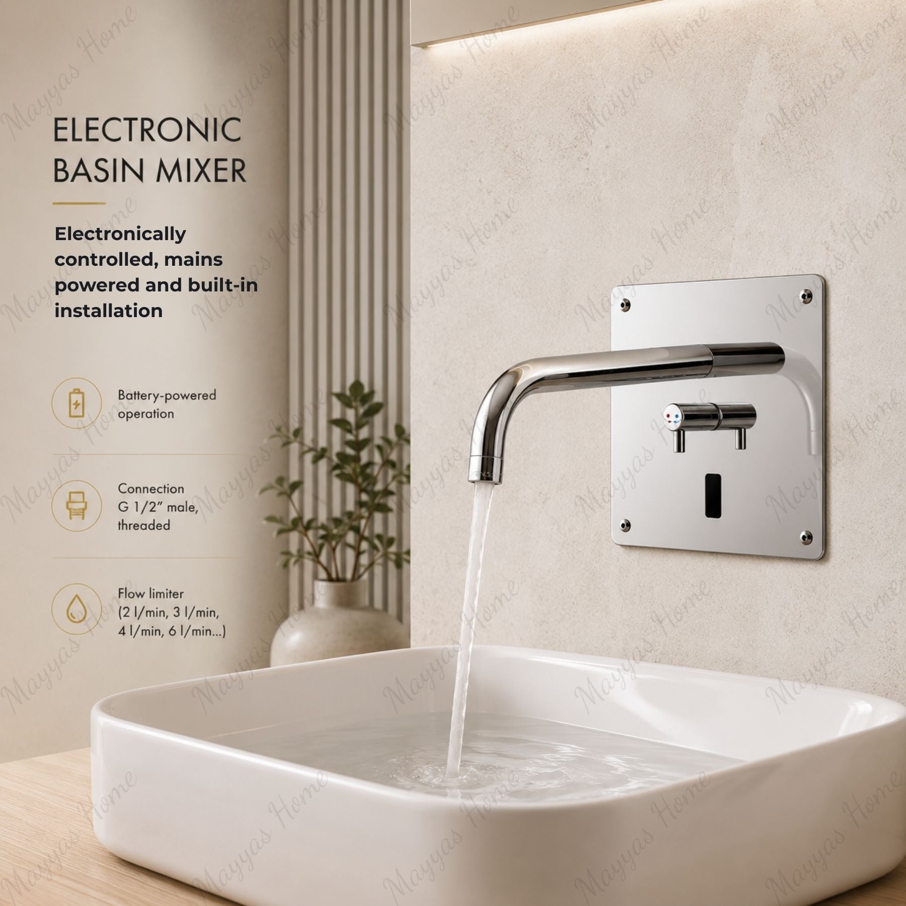 Mains-powered electronic sink mixer with built-in installation and chrome finish. Touchless, water-saving faucet for modern UAE washrooms.