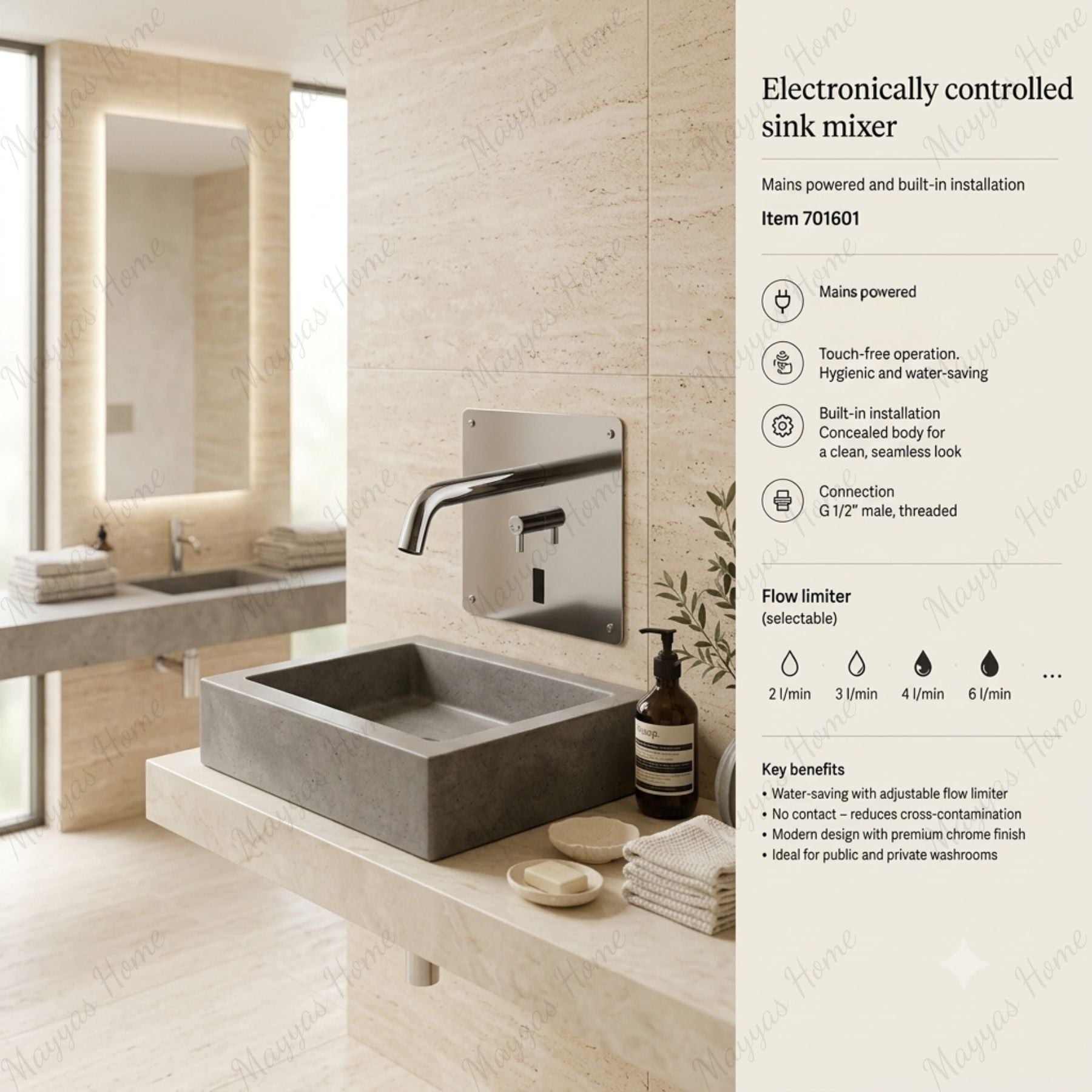 Mains-powered electronic sink mixer with built-in installation and touchless operation. Water-saving Italian faucet for modern UAE washrooms.