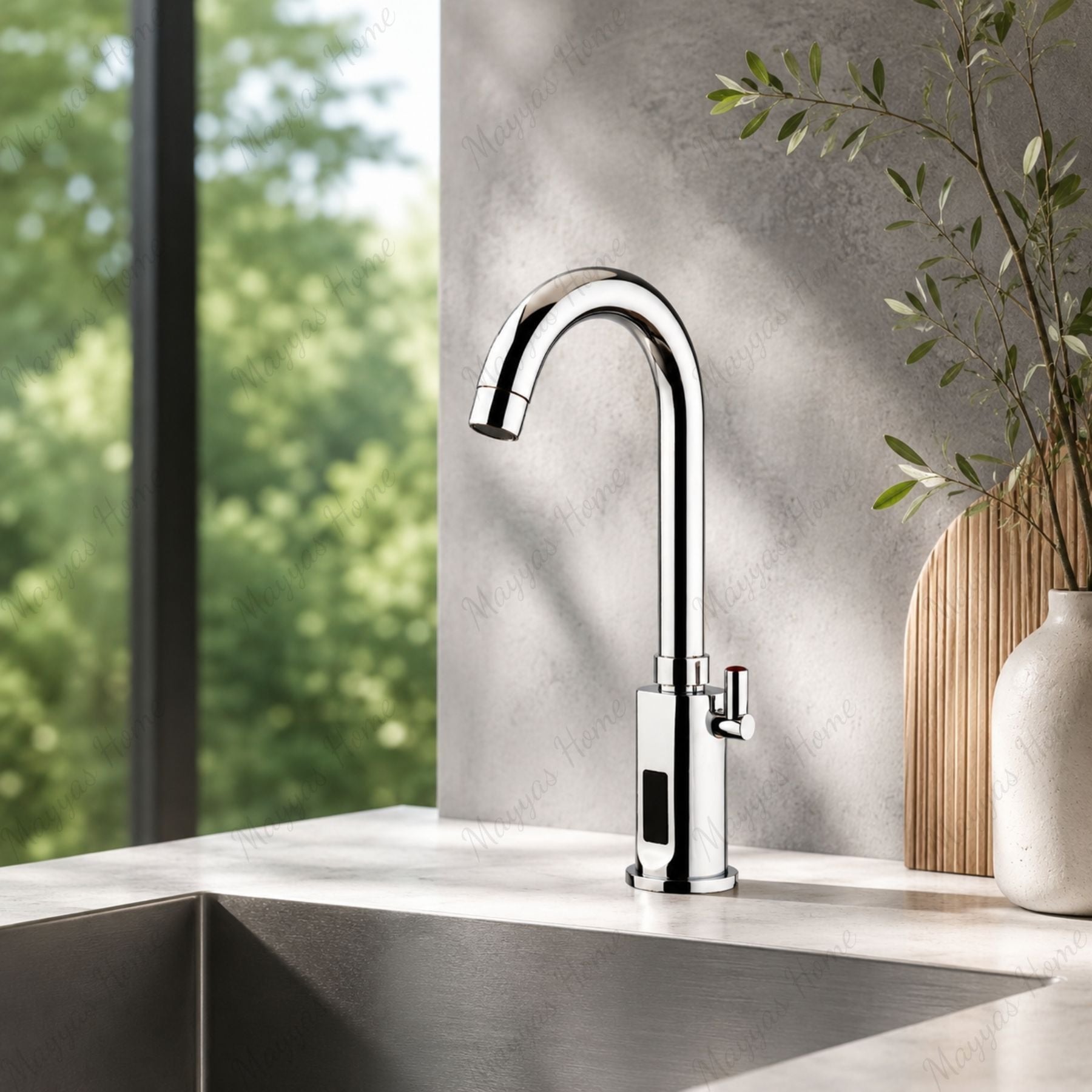 Mains-powered sensor sink mixer tap with swivel spout and chrome finish. Touchless, water-saving faucet for modern UAE bathrooms and washrooms.