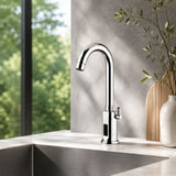 Mains-powered sensor sink mixer tap with swivel spout and chrome finish. Touchless, water-saving faucet for modern UAE bathrooms and washrooms.